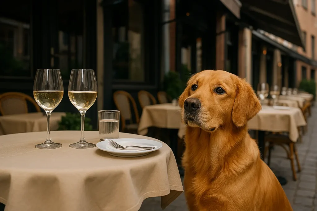 hund sidder ved borg på hundevenlig cafe